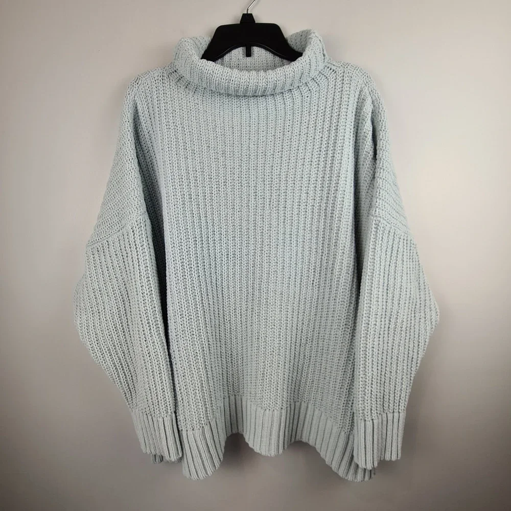 Aerie Womens XL Oversized Chenille Turtleneck Sweater Light Blue Chunky Ribbed